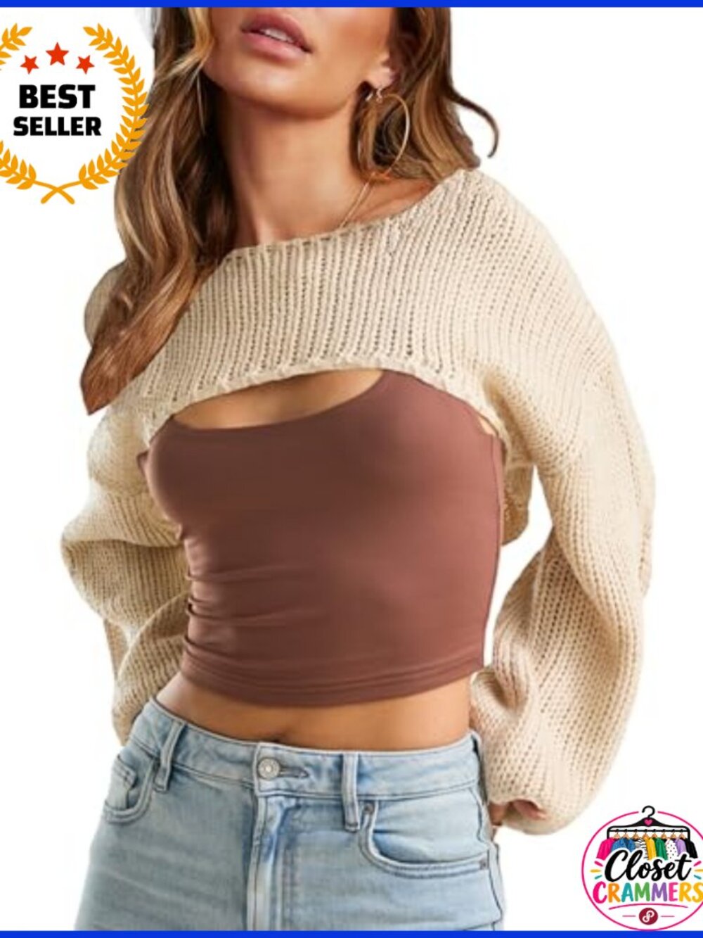 Crochet Bolero Shrug Cropped Sweater Ribbed Knit Long Sleeve Y2K